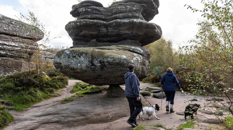 Visitors walking round idol rocks with their two dogs on an autumnal day